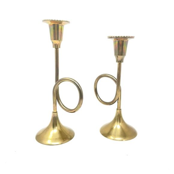 Vintage Accents Vintage Brass Trumpet Horn Candle Stick Holders Set
